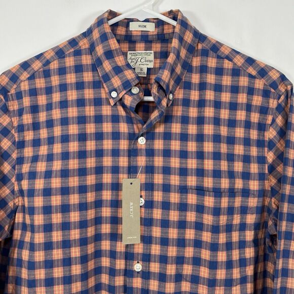 J.CREW Secret Wash Slim Fit Button Down Shirt Mens Small Orange Blue Plaid NWT - Picture 2 of 14